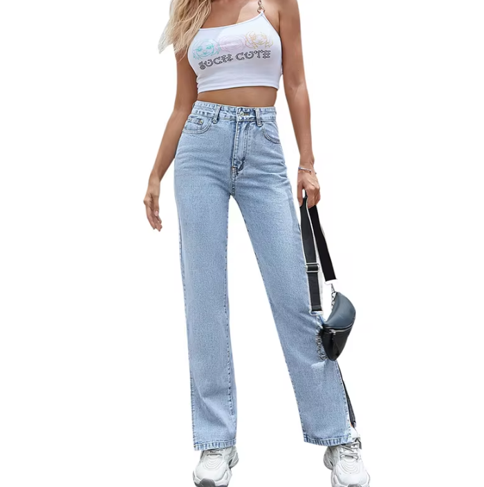 Vintage Coated Zipper Fly High Waist Non Stretch Wide Leg