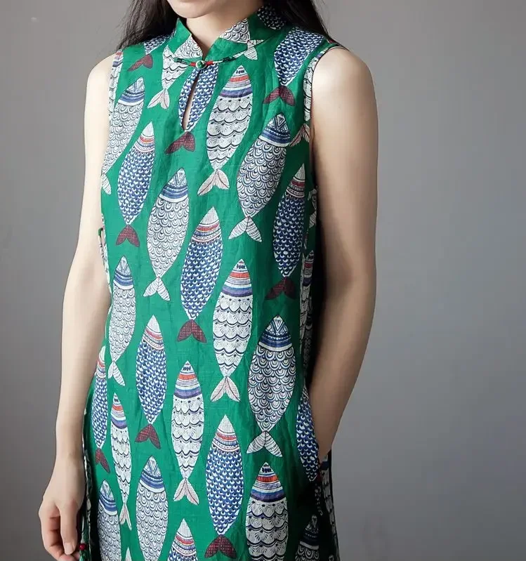 Vintage Cotton Linen Style Sleeveless Loose Waist Fish Printed Robe A-Line Mid-Calf Dress