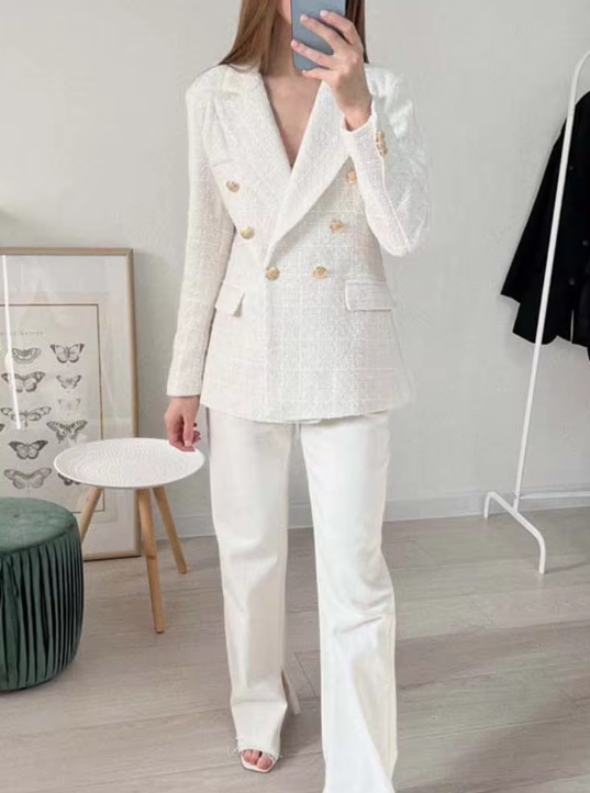 Vintage Long Sleeve Double Breasted Tweed Blazers Coat