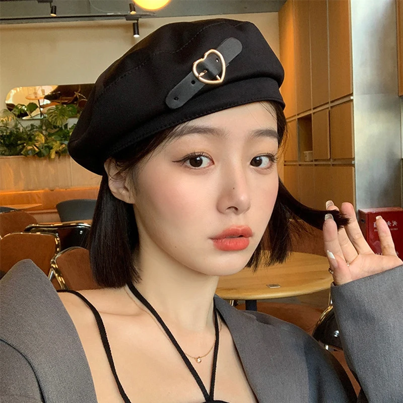 Vintage Metal Love Heart Buckle Berets Warm Hip Hop Decorative Cap