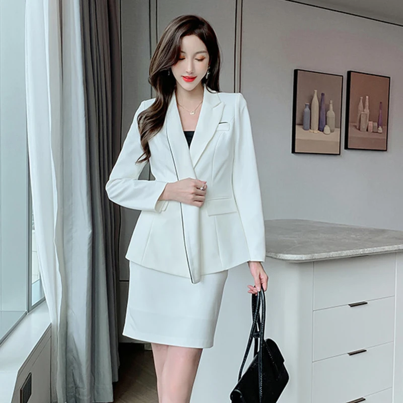 Vintage Notched Neck Coat Jacket Suit Blazer High Waist Skirt Female 2 Pieces Set