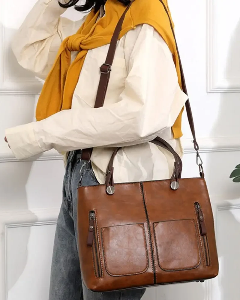 Vintage PU Leather Multi-Pocket Tote Adjustable Shoulder Strap Cross body Bag