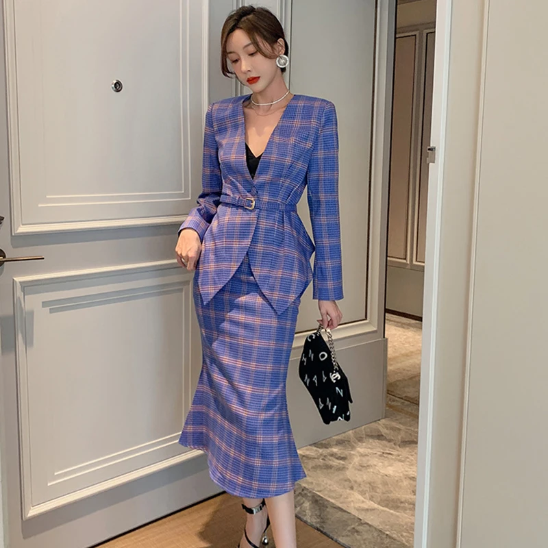 Vintage Plaid Single Button Belt Coat Suit Jacket Skirt 2 Pieces Set