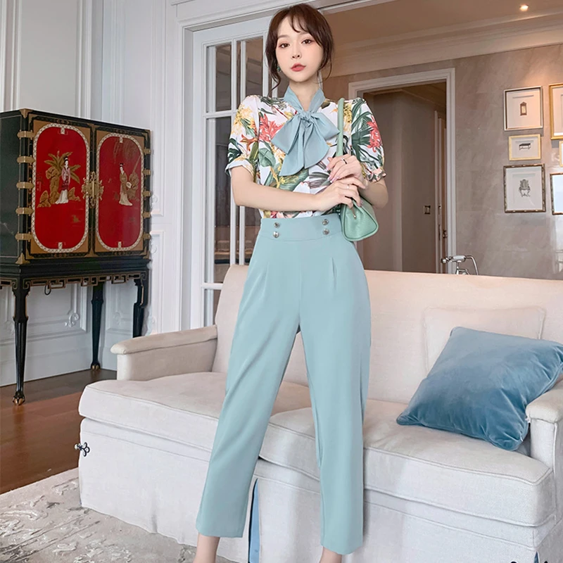 Vintage Single-Breasted Button Puff Sleeve Tops High Waist Straight Pants 2-Piece Set
