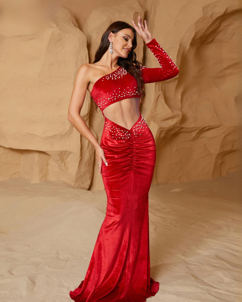 Pearl One Shoulder Waist Elegant Bodycon Mermaid Party Maxi Dresses