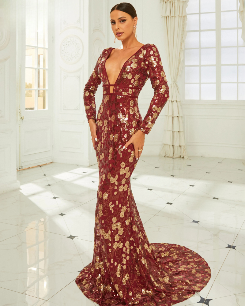 V Neck Floral Sequin Bodycon Long Sleeve Mermaid Maxi Dresses