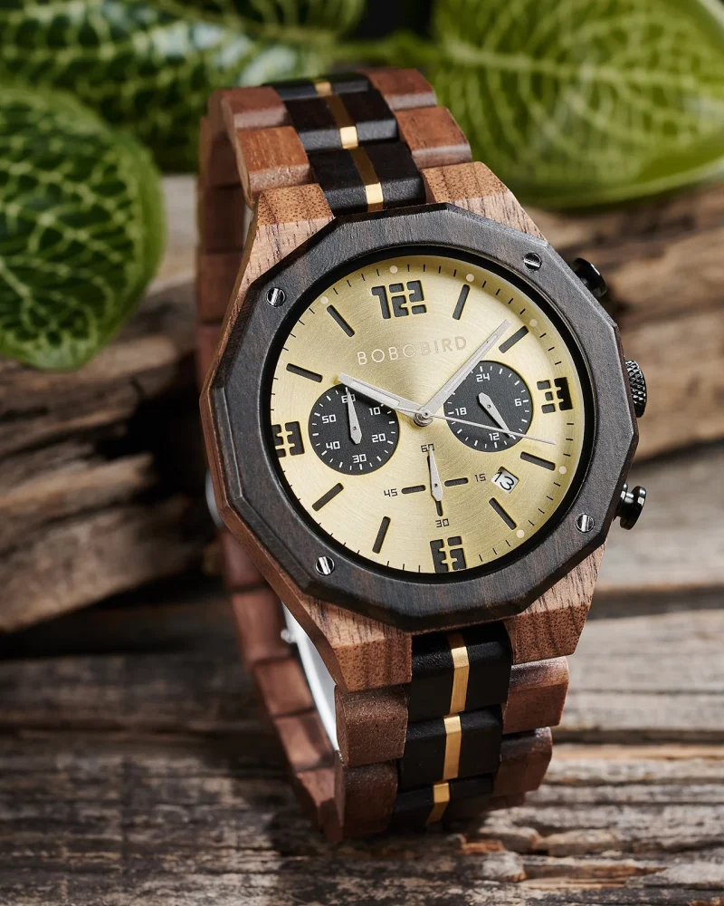 3 Sub Dial Chronograph Support Hidden Clasp Wooden Watches