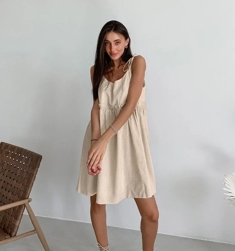 Cotton Linen Suspender Beach Style Casual Loose Soft Ruffled Edge A-line Dress