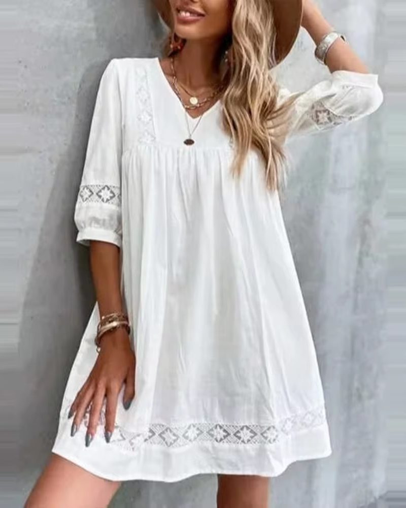 Cotton Linen Vacation Beach Sundress Solid Short Casual Loose Dresses