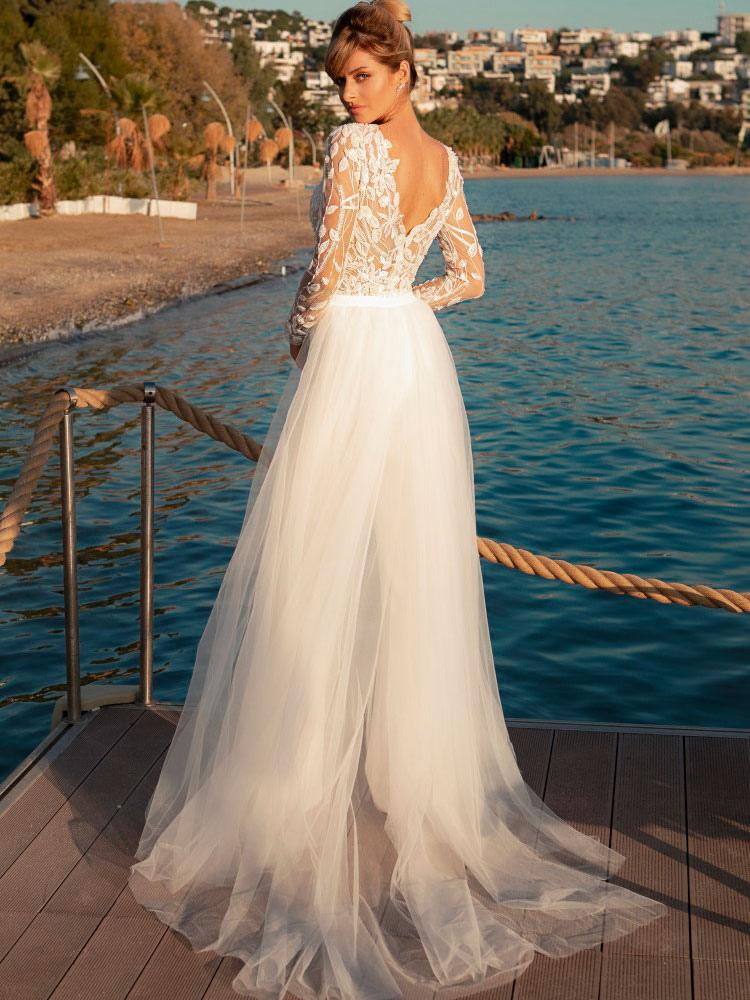 Elegant Lace Jewel Neck Long Sleeves Ankle Length Bridal Jumpsuit