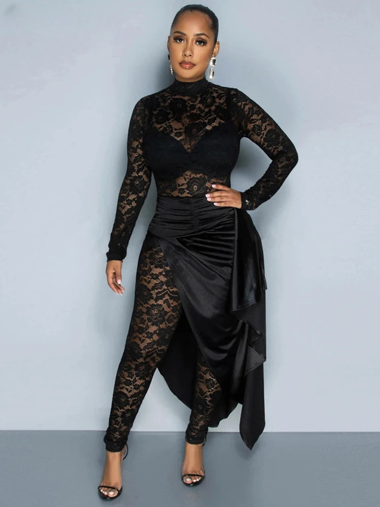 Elegant Lace Long Sleeve Wrapped Hip Two Piece Set Jumpsuit with Skirt