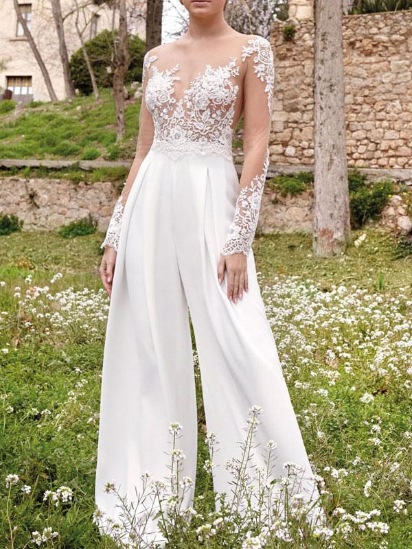 Elegant Lace V Neck Long Sleeves Stretch Crepe Bridal Jumpsuits
