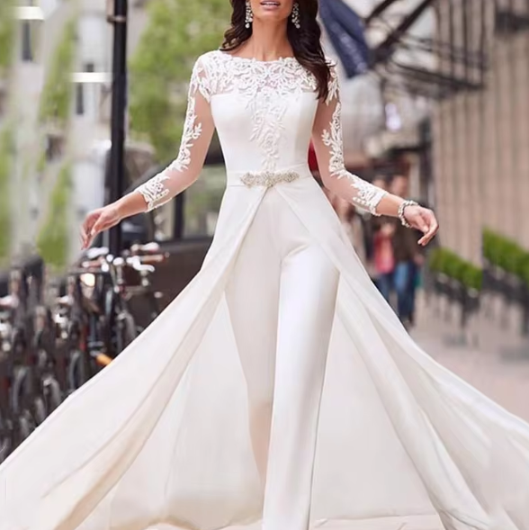 Elegant Long Sleeves Lace Satin Bridal Pant Suit Jumpsuit
