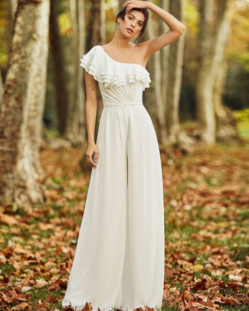 Elegant One Shoulder Stretch Crepe Sash Floor Length Bridal Jumpsuit