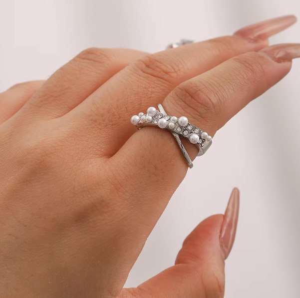 Elegant Pearls Stainless Steel Charm Ring Imitation Jewelry03 Elegant Pearls Stainless Steel Charm Ring Imitation Jewelry