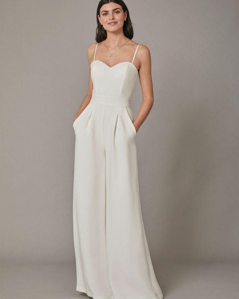 Elegant Pockets Floor-Length A-Line Sweetheart Neck Bridal Jumpsuit