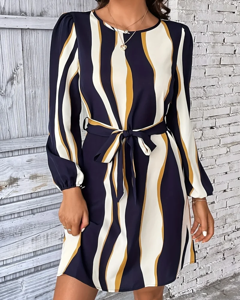 Elegant Pullover geometric O-Neck lantern sleeve Office Mini dress