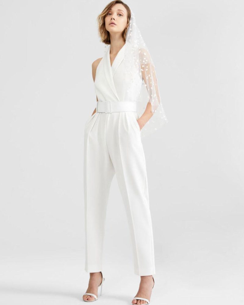 Elegant Sash Halter Sleeveless Ankle-Length Bridal Jumpsuit