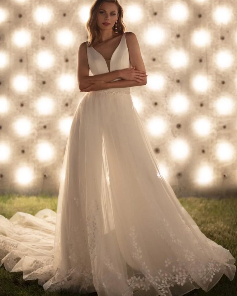 Elegant Satin Fabric Sash Court Train Bridal Jumpsuit