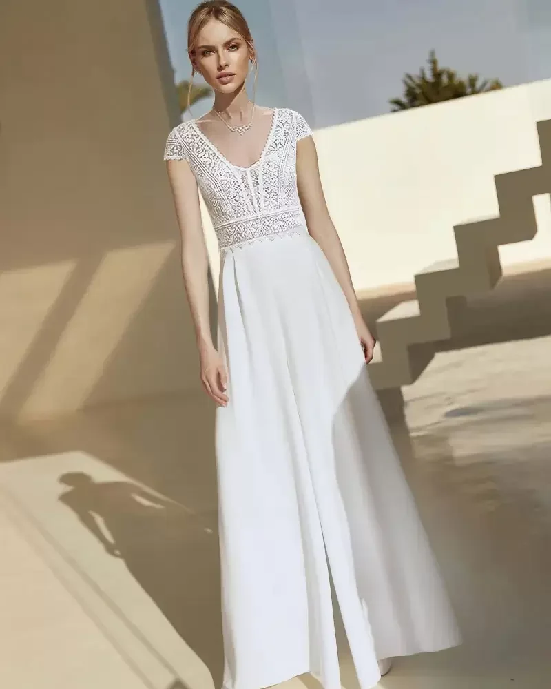 Elegant Short Sleeves Lace Floor Length Bridal Jumpsuit