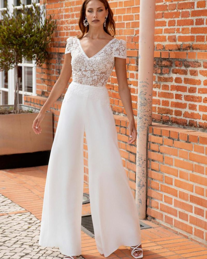 Elegant Short Sleeves Satin Fabric Lace Sweep Bridal Jumpsuit