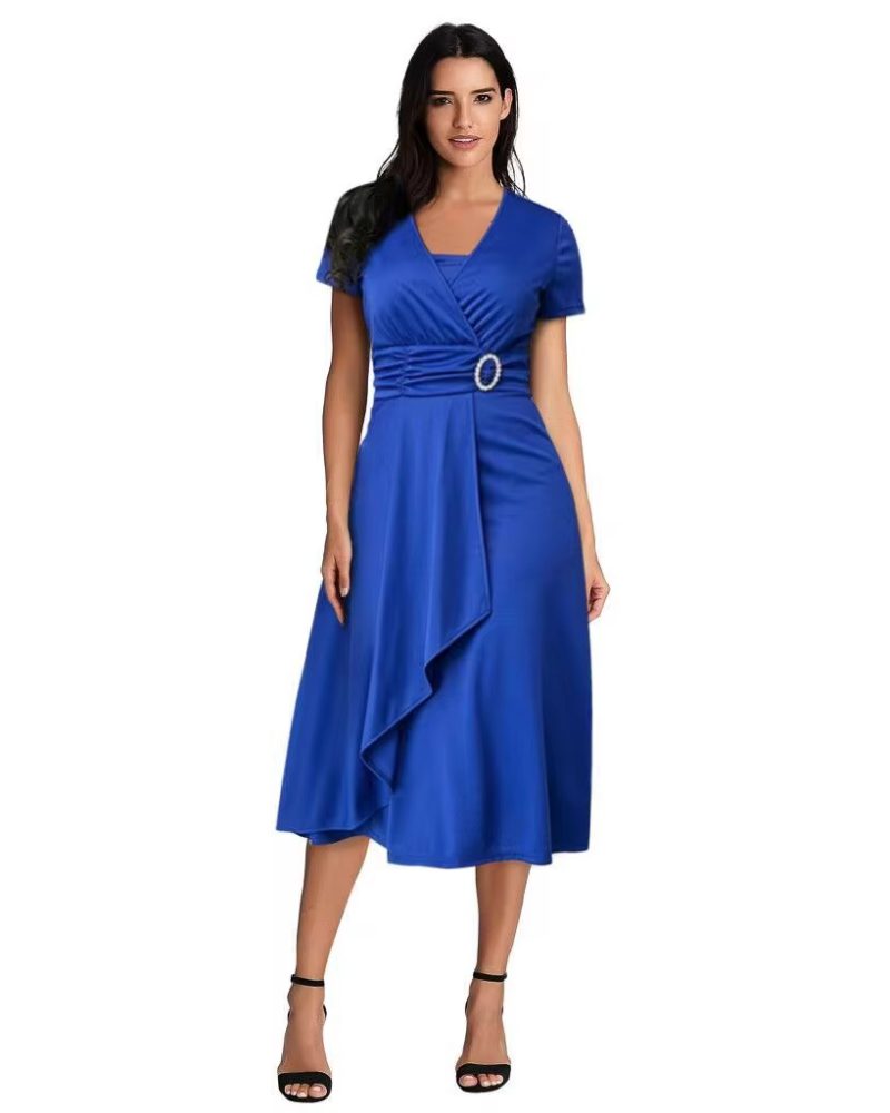 Elegant Solid Color Short Sleeve U Neck Waist Tight Evening Party Midi Dress 3._11zon Elegant Solid Color Short Sleeve U Neck Waist Tight Evening Party Midi Dress