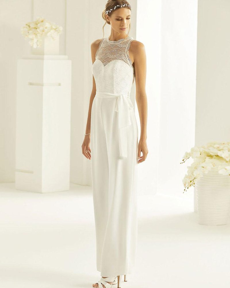 Elegant Stretch Crepe Lace Ankle-Length Bridal Jumpsuit