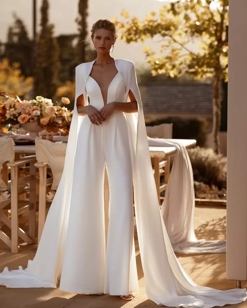 Elegant Stretch Crepe Sash Floor-Length Bridal Jumpsuit