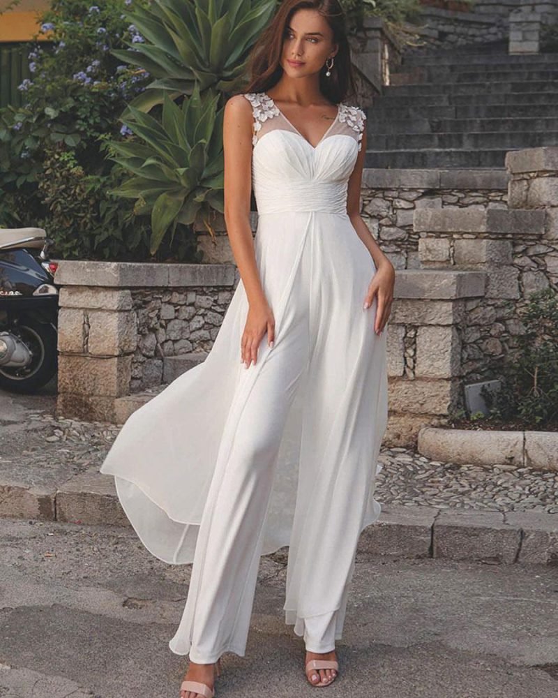 Elegant V-Neck Sleeveless Lace Ankle-Length Bridal Jumpsuit