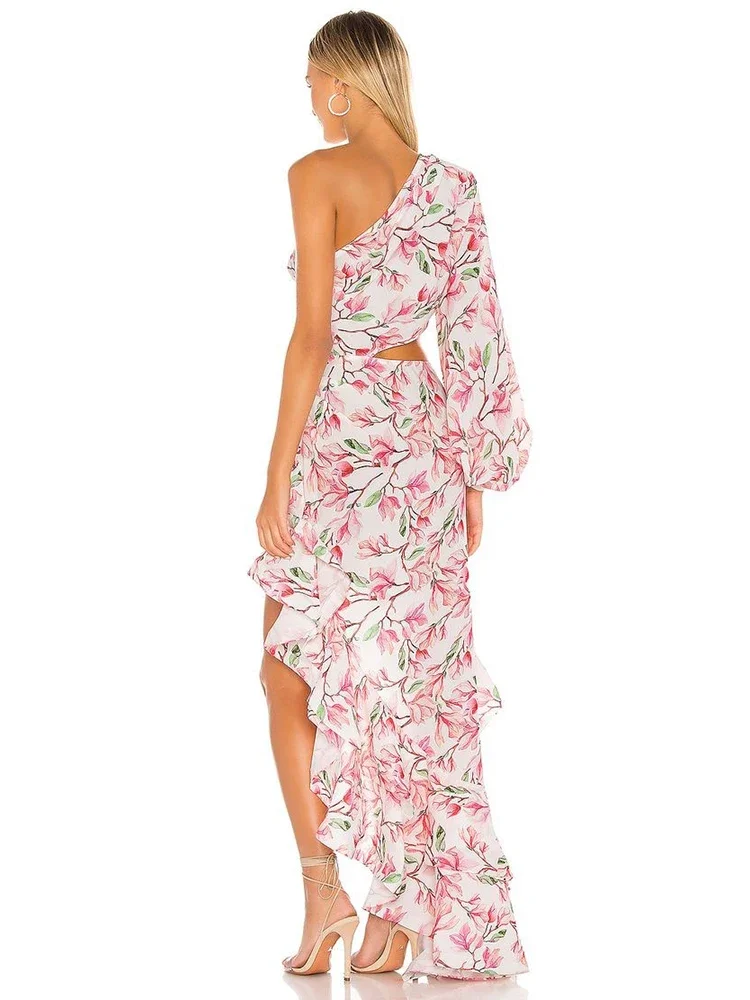 Floral Ruffle Irregular Slanted One Shoulder Cut Out Party Elegant Maxi Dresses