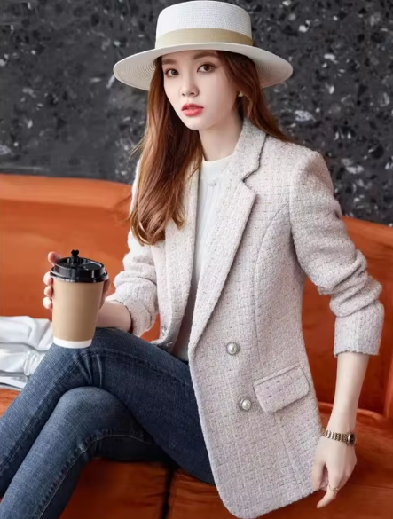 Formal Double-breasted Long Sleeve Turn Down Collar Plaid Blazers