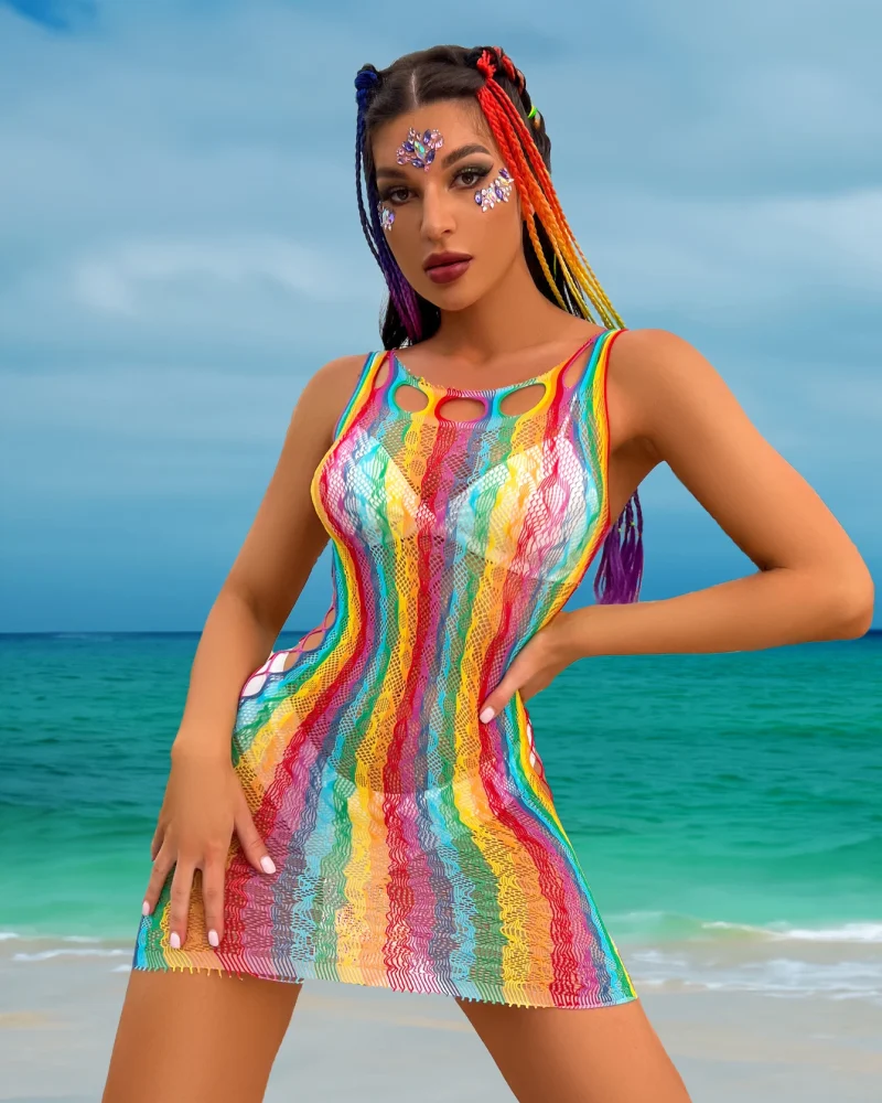 Hollow Out Rainbow Stripped High-Stretch Cover Up Semi-Sheer Dress