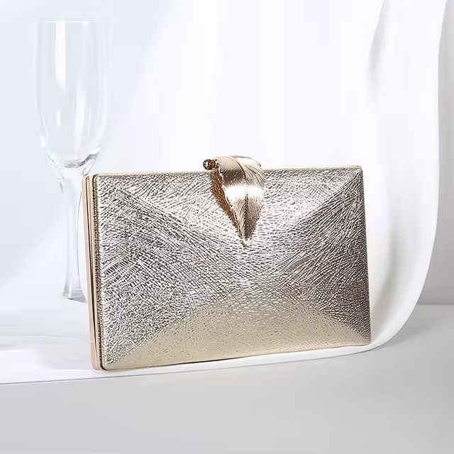 Solid Exquisite Leaf Long Small Mini Banquet Shiny Gold Clutch Bag