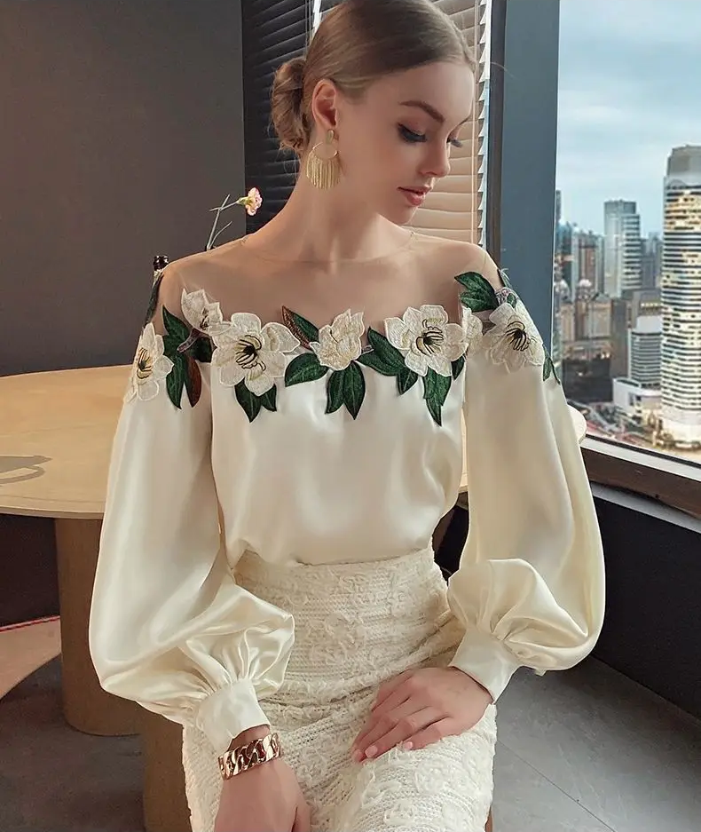 Long Sleeve Off Shoulder Mesh Spliced Satin Embroidered Shirt Tops