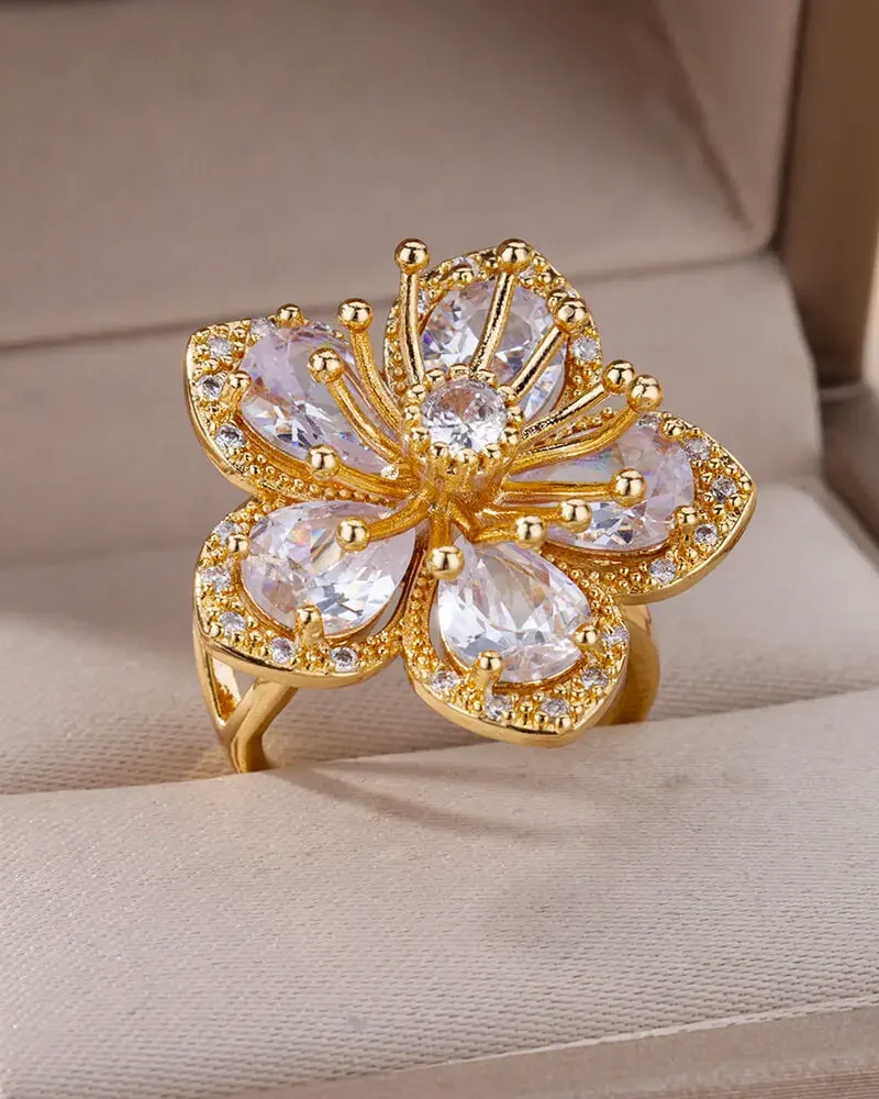 Luxury Aesthetic Stainless Steel Flower Rings Jewelry
