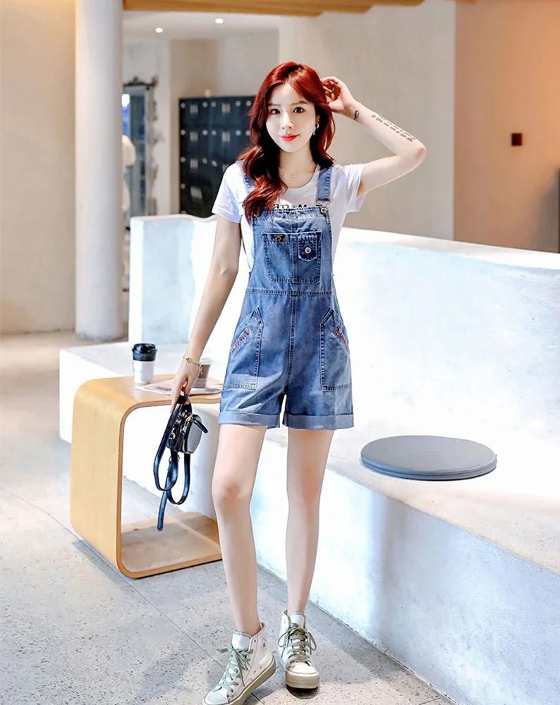 Retro Rolled Edge Denim Strap Jumpsuits Slim Straight Piece Short Pants