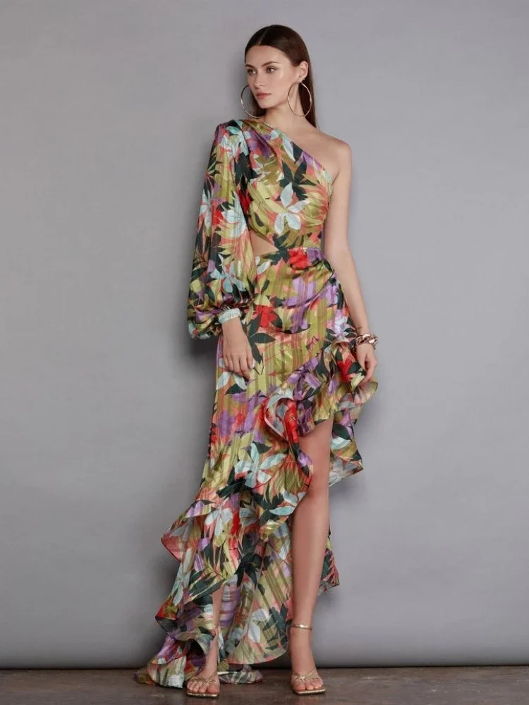 Ruffle Slanted Irregular Floral Cut Out One Shoulder Elegant Maxi Dresses
