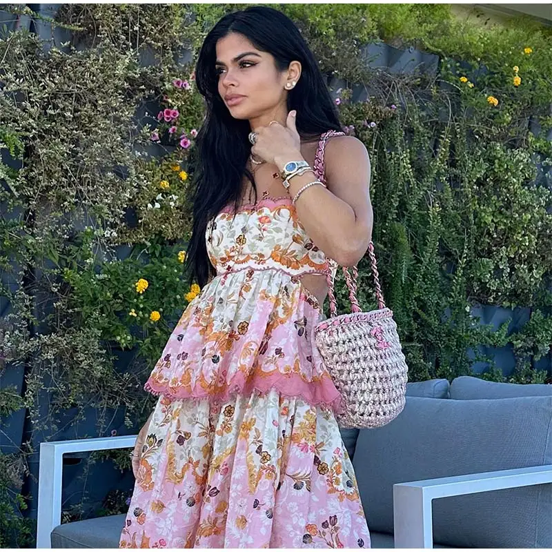 Ruffles Hollow Out Backless High Waist Printed Elegant Maxi Dresses2 Ruffles Hollow Out Backless High Waist Printed Elegant Maxi Dresses