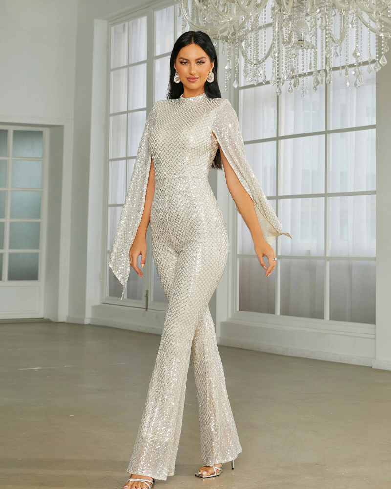 Sequin Stand Collar Cape Sleeve Formal Occasion High Waist Jumpsuits