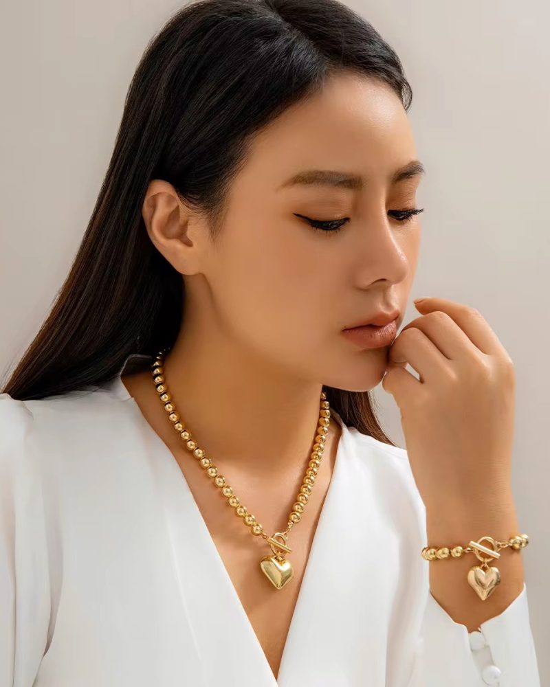 Simple Punk Hollow Heart Ball Bead Chain Necklace 2 Pieces Set