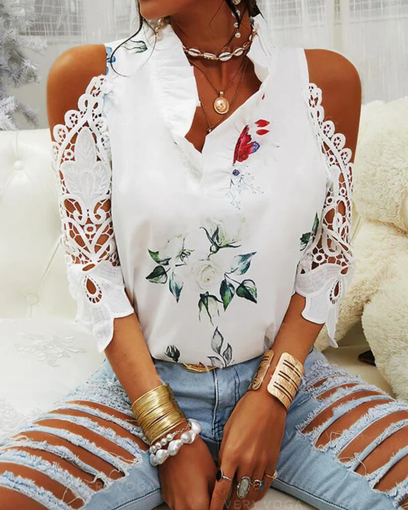 Strapless Hollow Flower Printed Elegant V-Neck Short Sleeve Casual Top