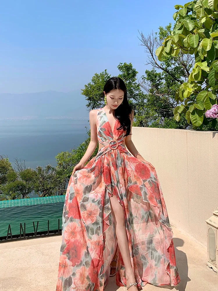 V-Neck Floral Slim A-Line Backless Vestidos Bandage Elegant Maxi Dresses