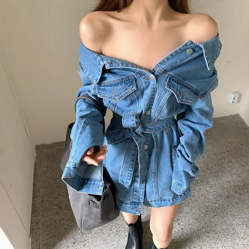 Vintage Off Shoulder Waist Lace Up Cardigan Jean Denim Jacket