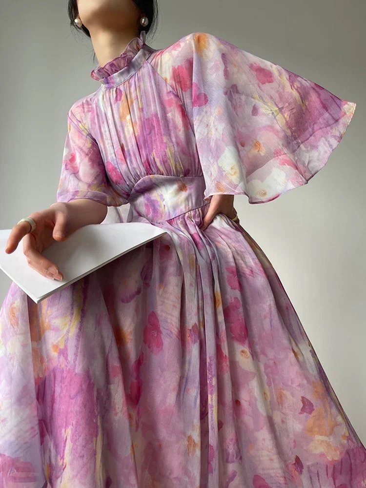 Ruched Print Slim Stand Collar Half Sleeve High Waist Elegant Maxi Dresses