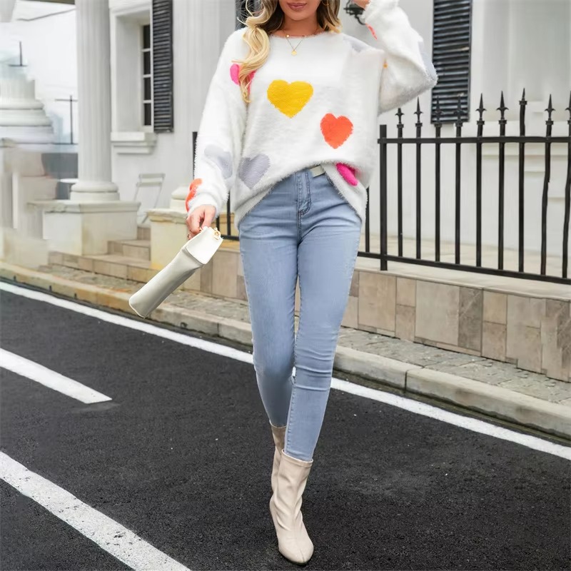 Casual Heart Print Round Neck Long Sleeve Pullover Warm Knitted Streetwear Valentines Day Sweater