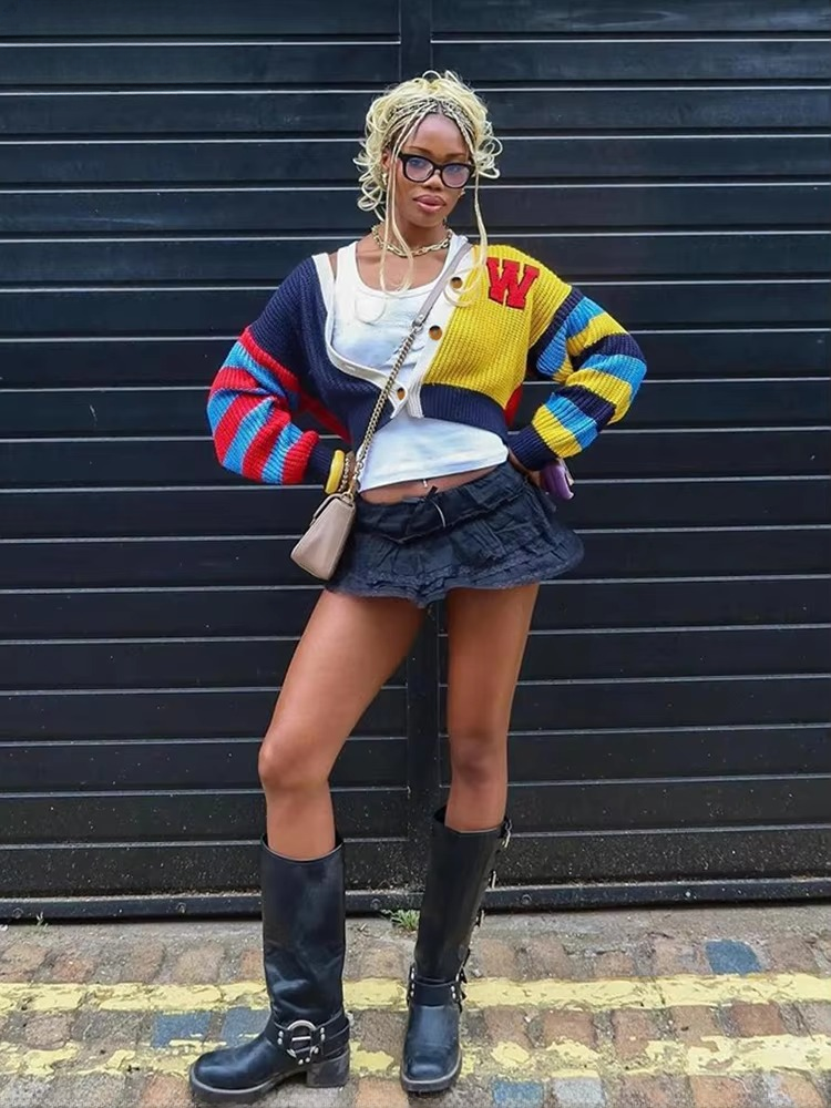 Casual Letter Print V-Neck Button Patchwork Street Trend Hipster Knit Cardigan Sweater