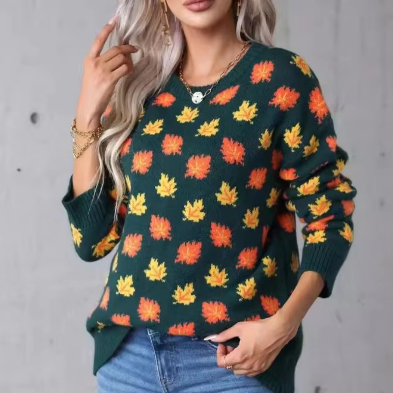 Casual Pullover Round Neck Long Sleeve Loose Leaf Christmas Knitted Sweater