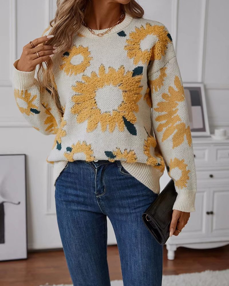 Casual Pullover Round Neck Long sleeved Sunflower Jacquard Knitwear Loose Sweater