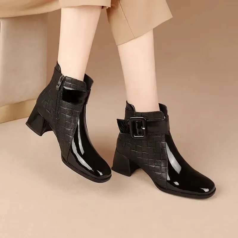 Casual Retro Belt Buckle Work Square toe Thick Heels Platform Short Shoes