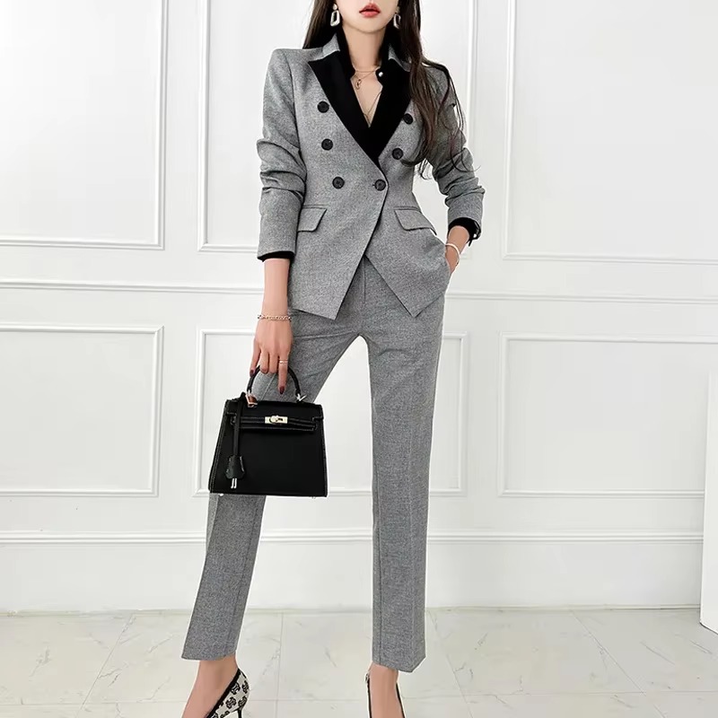 Casual Solid Buttons Wide leg pants Plaid Coat 2-piece Set Pant Suit
